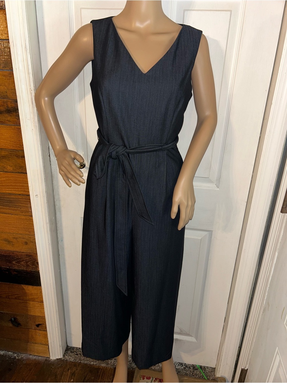Calvin Klein V-Neck Sleeveless Jumpsuit with Tie Belt